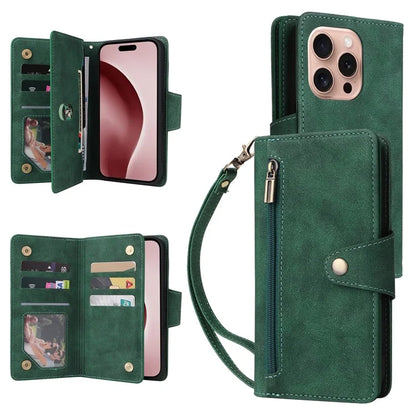 For iPhone 16 Pro Case Rivet Decor Stand Wallet Leather Zipper Phone Cover