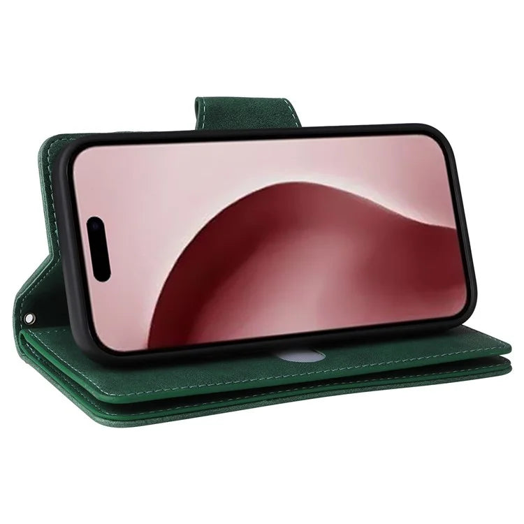 For iPhone 16 Pro Case Rivet Decor Stand Wallet Leather Zipper Phone Cover