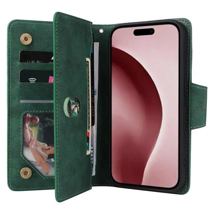 For iPhone 16 Pro Case Rivet Decor Stand Wallet Leather Zipper Phone Cover