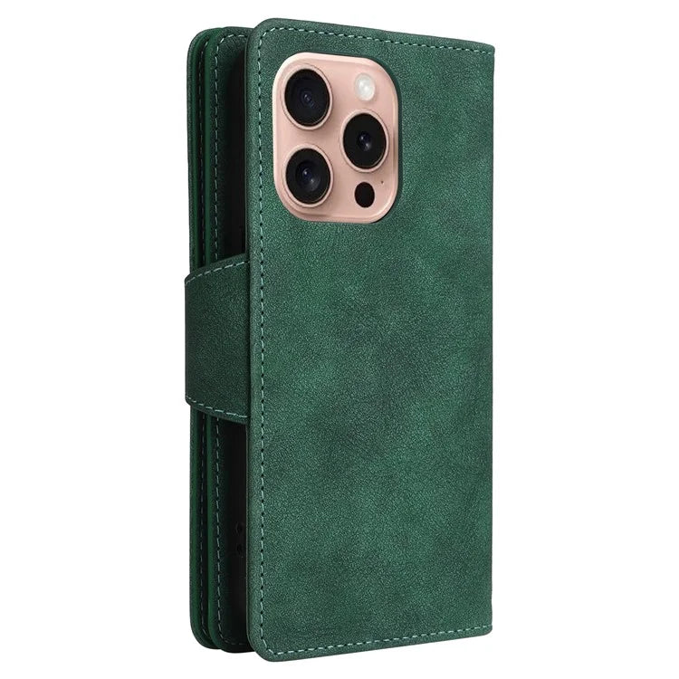 For iPhone 16 Pro Case Rivet Decor Stand Wallet Leather Zipper Phone Cover