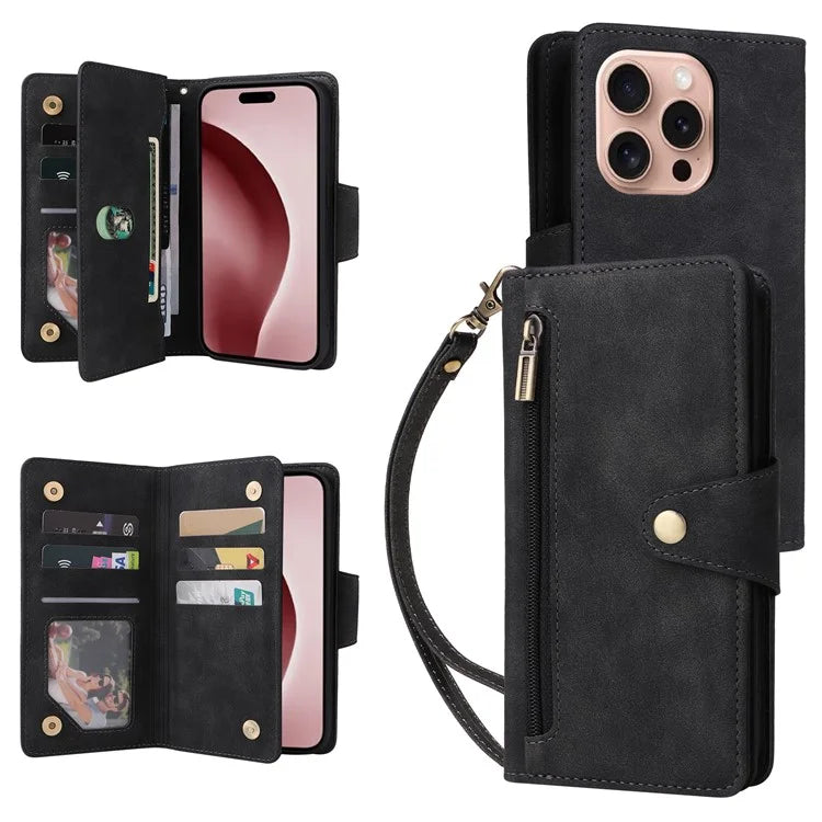 For iPhone 16 Pro Case Rivet Decor Stand Wallet Leather Zipper Phone Cover
