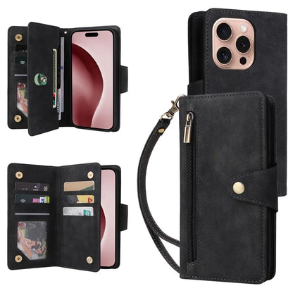 For iPhone 16 Pro Case Rivet Decor Stand Wallet Leather Zipper Phone Cover