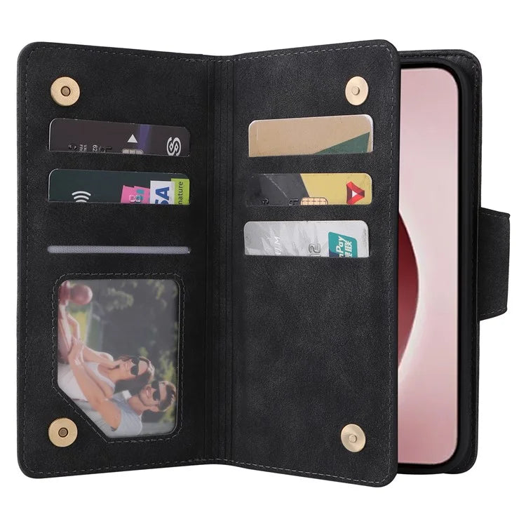 For iPhone 16 Pro Case Rivet Decor Stand Wallet Leather Zipper Phone Cover