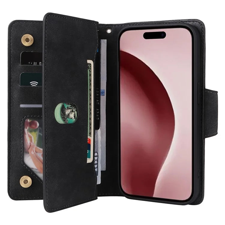 For iPhone 16 Pro Case Rivet Decor Stand Wallet Leather Zipper Phone Cover