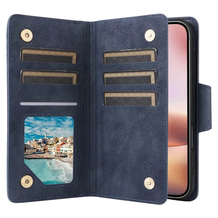 For iPhone 16 Plus Shockproof Case Rivet Decor PU Leather Zipper Wallet Phone Cover