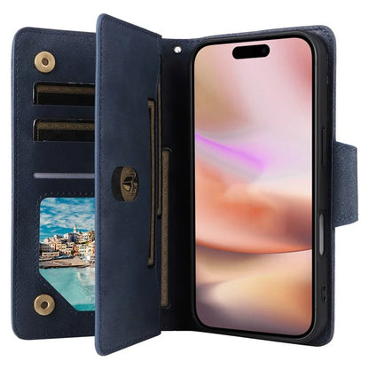 For iPhone 16 Plus Shockproof Case Rivet Decor PU Leather Zipper Wallet Phone Cover