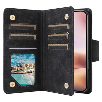 For iPhone 16 Plus Shockproof Case Rivet Decor PU Leather Zipper Wallet Phone Cover