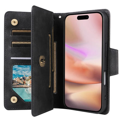 For iPhone 16 Plus Shockproof Case Rivet Decor PU Leather Zipper Wallet Phone Cover