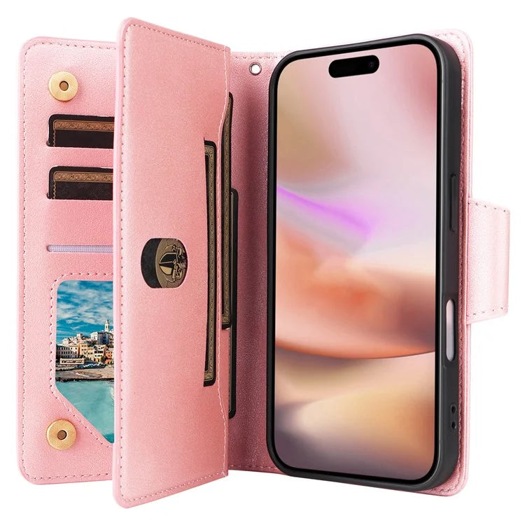 For iPhone 16 Plus Shockproof Case Rivet Decor PU Leather Zipper Wallet Phone Cover