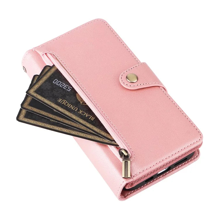 For iPhone 16 Plus Shockproof Case Rivet Decor PU Leather Zipper Wallet Phone Cover