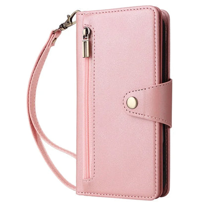 For iPhone 16 Plus Shockproof Case Rivet Decor PU Leather Zipper Wallet Phone Cover