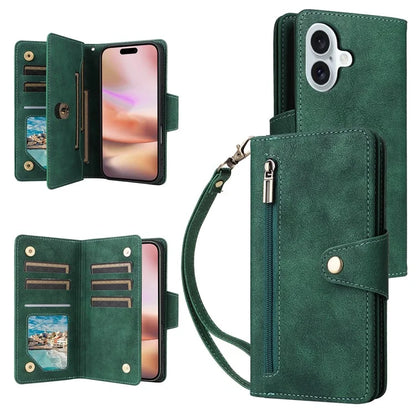 For iPhone 16 Plus Shockproof Case Rivet Decor PU Leather Zipper Wallet Phone Cover
