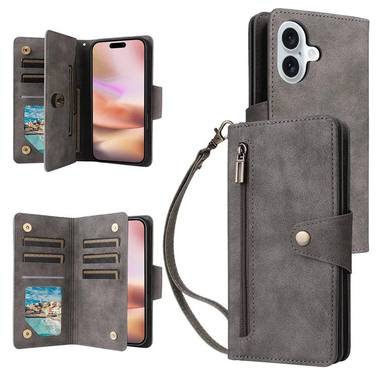 For iPhone 16 Plus Shockproof Case Rivet Decor PU Leather Zipper Wallet Phone Cover