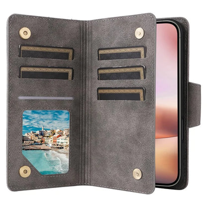 For iPhone 16 Plus Shockproof Case Rivet Decor PU Leather Zipper Wallet Phone Cover