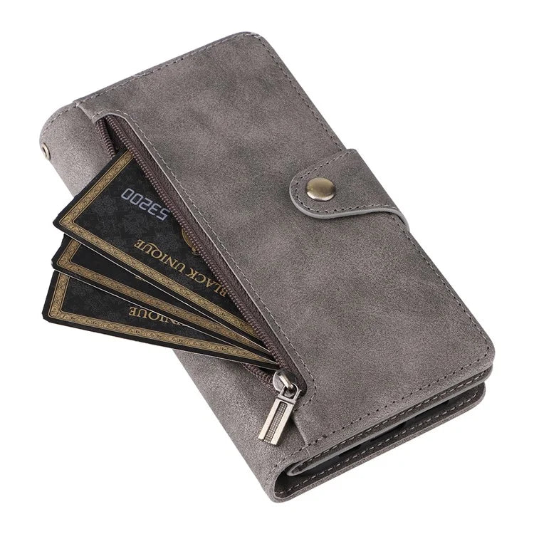 For iPhone 16 Plus Shockproof Case Rivet Decor PU Leather Zipper Wallet Phone Cover