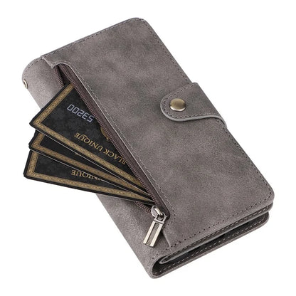 For iPhone 16 Plus Shockproof Case Rivet Decor PU Leather Zipper Wallet Phone Cover