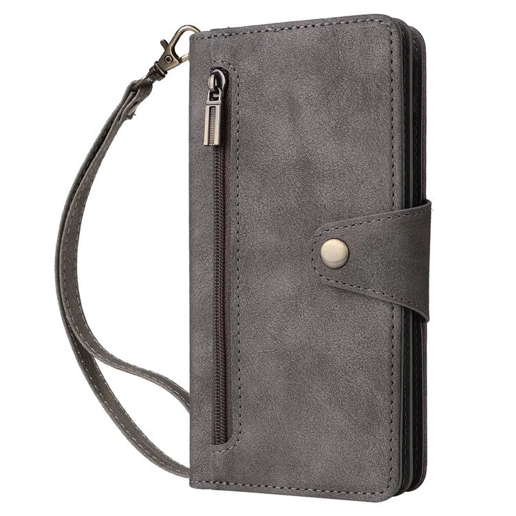 For iPhone 16 Plus Shockproof Case Rivet Decor PU Leather Zipper Wallet Phone Cover