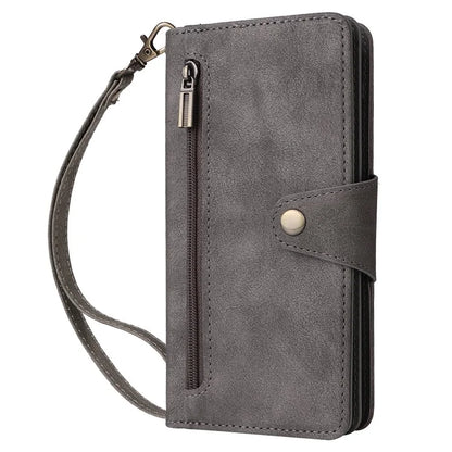 For iPhone 16 Plus Shockproof Case Rivet Decor PU Leather Zipper Wallet Phone Cover