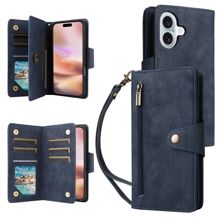 For iPhone 16 Case Zipper Wallet Leather Phone Cover with Rivet Decor