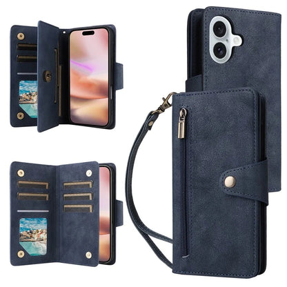 For iPhone 16 Case Zipper Wallet Leather Phone Cover with Rivet Decor