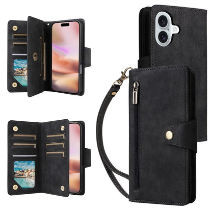 For iPhone 16 Case Zipper Wallet Leather Phone Cover with Rivet Decor