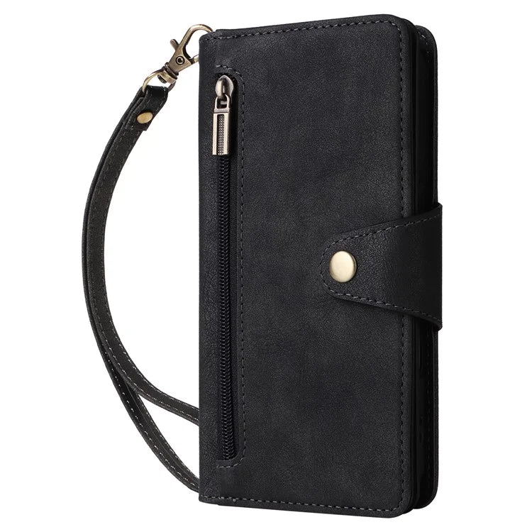 For iPhone 16 Case Zipper Wallet Leather Phone Cover with Rivet Decor