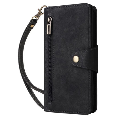For iPhone 16 Case Zipper Wallet Leather Phone Cover with Rivet Decor