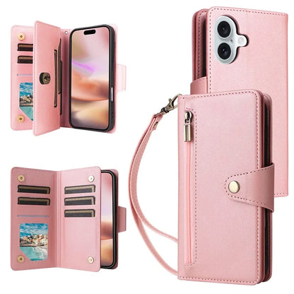 For iPhone 16 Case Zipper Wallet Leather Phone Cover with Rivet Decor