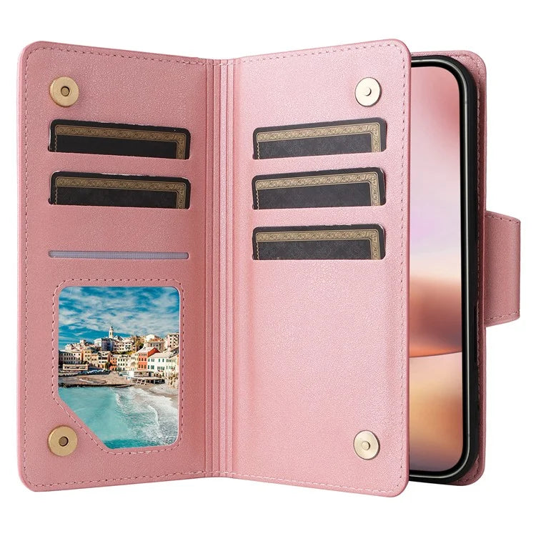 For iPhone 16 Case Zipper Wallet Leather Phone Cover with Rivet Decor