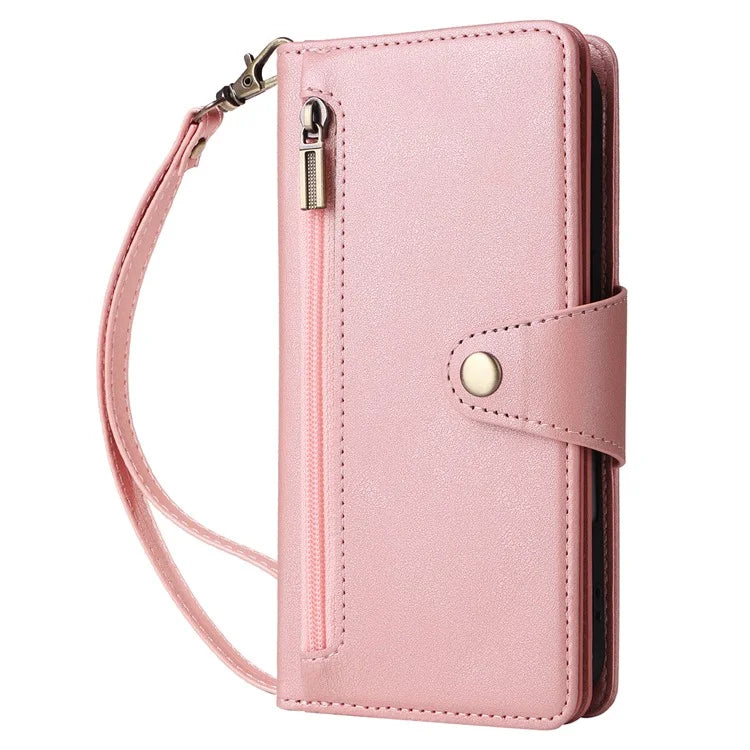 For iPhone 16 Case Zipper Wallet Leather Phone Cover with Rivet Decor