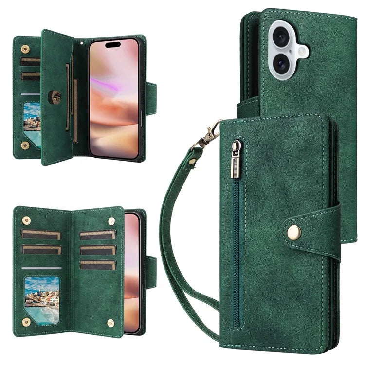 For iPhone 16 Case Zipper Wallet Leather Phone Cover with Rivet Decor