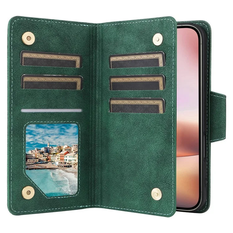 For iPhone 16 Case Zipper Wallet Leather Phone Cover with Rivet Decor