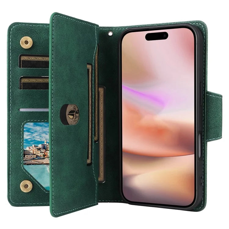 For iPhone 16 Case Zipper Wallet Leather Phone Cover with Rivet Decor