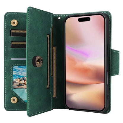 For iPhone 16 Case Zipper Wallet Leather Phone Cover with Rivet Decor