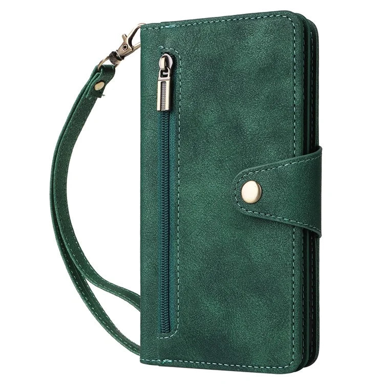 For iPhone 16 Case Zipper Wallet Leather Phone Cover with Rivet Decor
