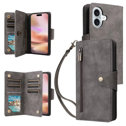 For iPhone 16 Case Zipper Wallet Leather Phone Cover with Rivet Decor