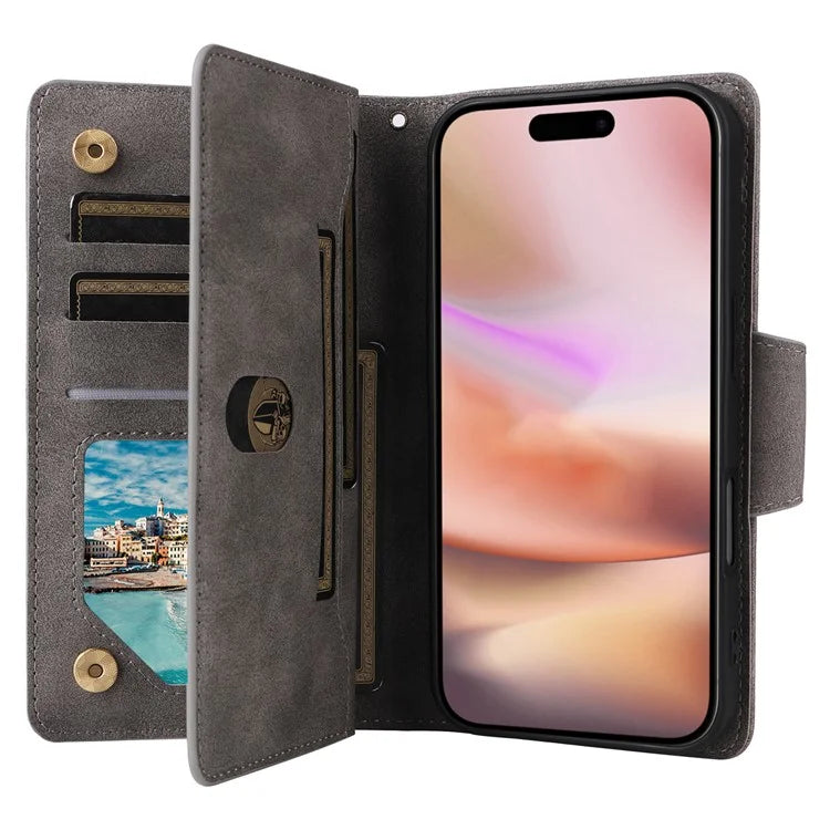 For iPhone 16 Case Zipper Wallet Leather Phone Cover with Rivet Decor