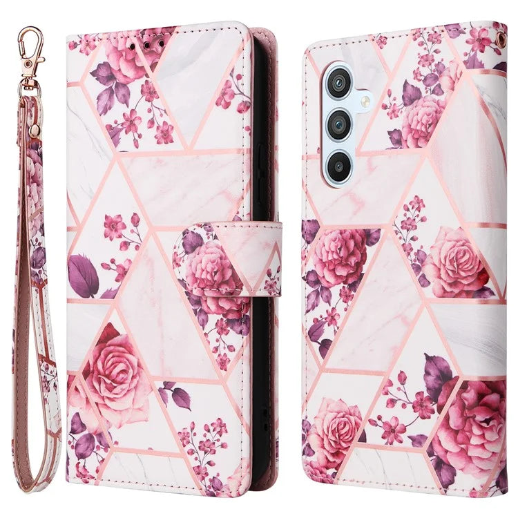 For Samsung Galaxy A54 5G Case with Wrist Strap Wallet Leather Phone Cover Marble Pattern