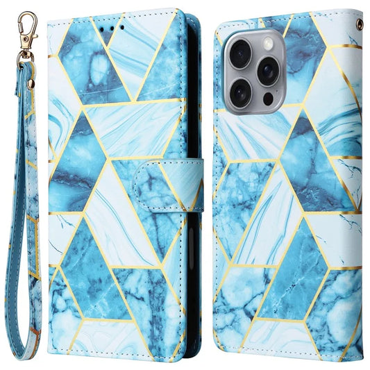 For iPhone 16 Pro Max Case Lacquered Marble Pattern Card Slots Wallet Leather Phone Cover