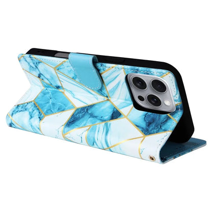 For iPhone 16 Pro Max Case Lacquered Marble Pattern Card Slots Wallet Leather Phone Cover