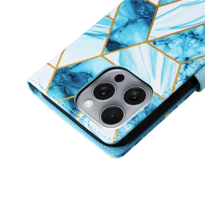 For iPhone 16 Pro Max Case Lacquered Marble Pattern Card Slots Wallet Leather Phone Cover