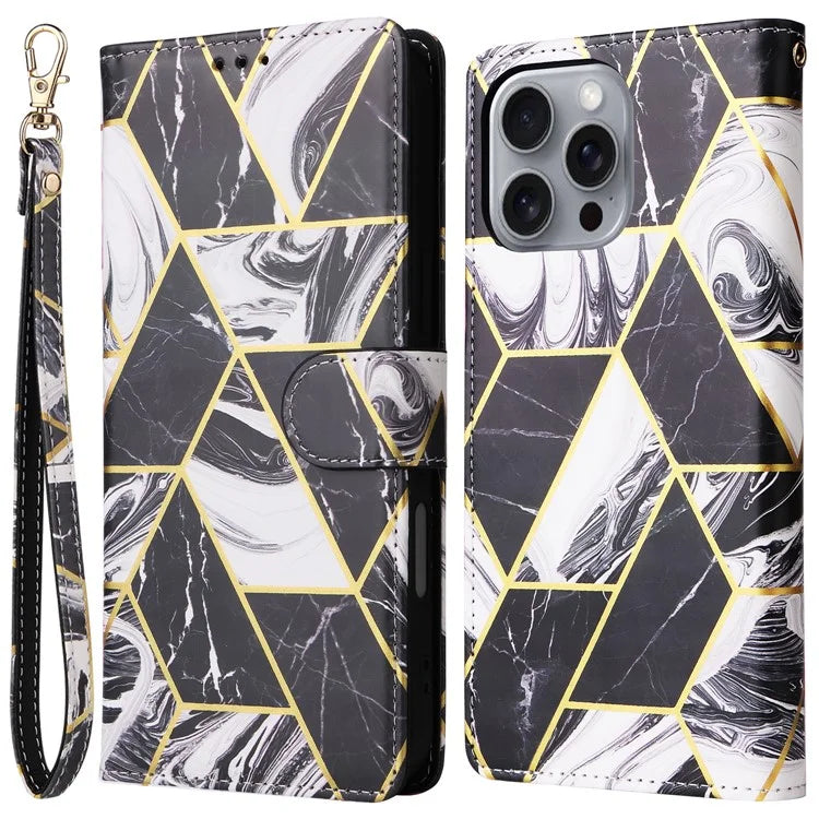 For iPhone 16 Pro Max Case Lacquered Marble Pattern Card Slots Wallet Leather Phone Cover