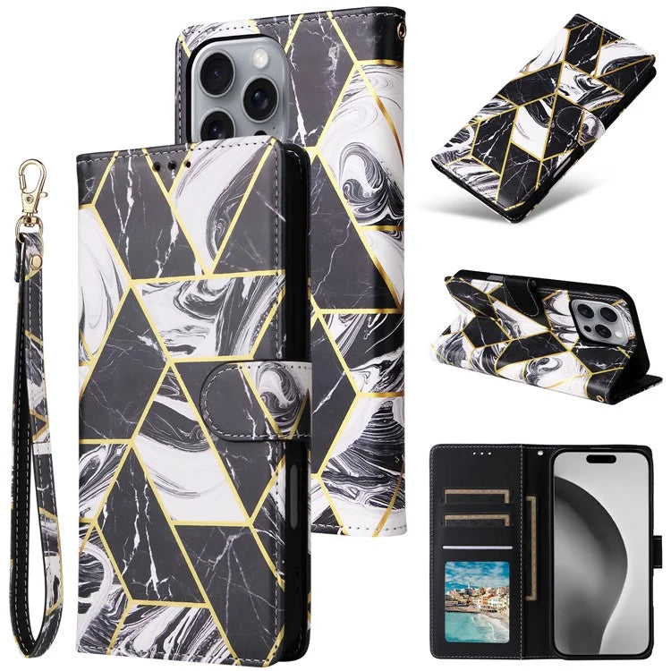 For iPhone 16 Pro Max Case Lacquered Marble Pattern Card Slots Wallet Leather Phone Cover