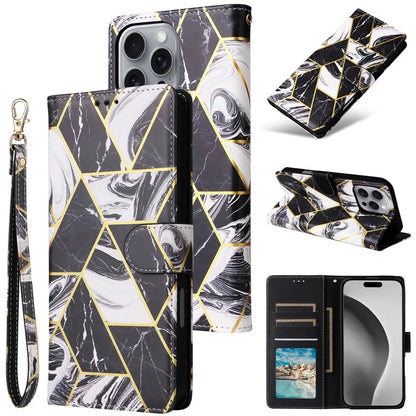 For iPhone 16 Pro Max Case Lacquered Marble Pattern Card Slots Wallet Leather Phone Cover