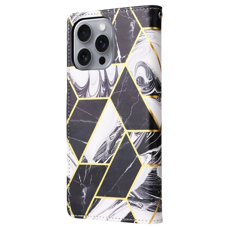 For iPhone 16 Pro Max Case Lacquered Marble Pattern Card Slots Wallet Leather Phone Cover