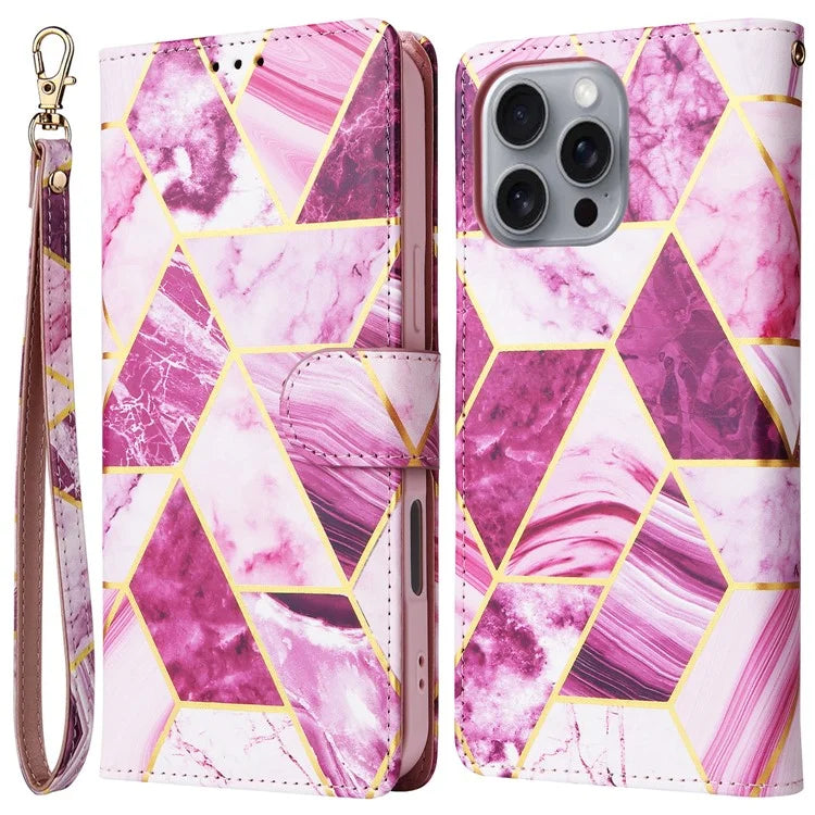 For iPhone 16 Pro Max Case Lacquered Marble Pattern Card Slots Wallet Leather Phone Cover
