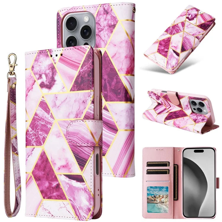 For iPhone 16 Pro Max Case Lacquered Marble Pattern Card Slots Wallet Leather Phone Cover