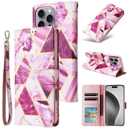 For iPhone 16 Pro Max Case Lacquered Marble Pattern Card Slots Wallet Leather Phone Cover