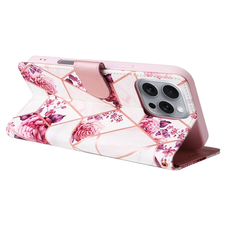 For iPhone 16 Pro Max Case Lacquered Marble Pattern Card Slots Wallet Leather Phone Cover