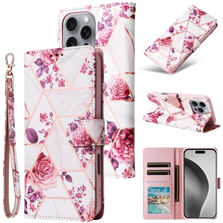 For iPhone 16 Pro Max Case Lacquered Marble Pattern Card Slots Wallet Leather Phone Cover